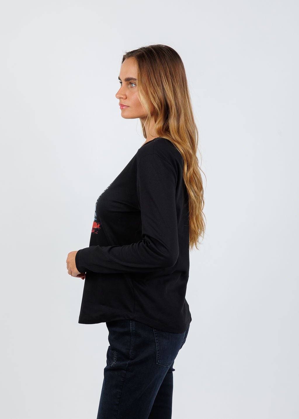Suzi Roher Catherine Black Long Sleeve Crew Tee in Red Bunny available at Barbara Katz