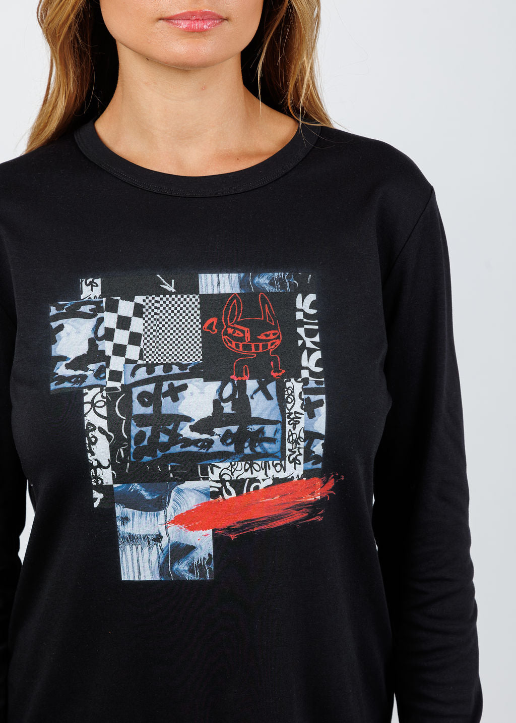 Suzi Roher Catherine Black Long Sleeve Crew Tee in Red Bunny available at Barbara Katz