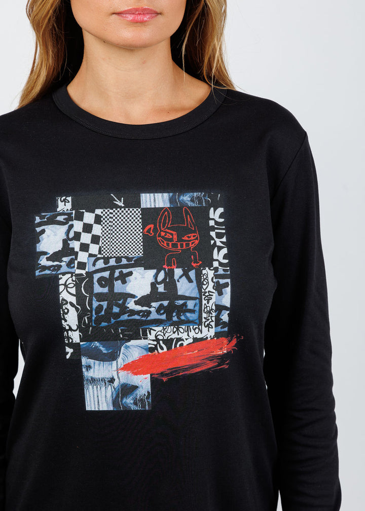 Suzi Roher Catherine Black Long Sleeve Crew Tee in Red Bunny available at Barbara Katz