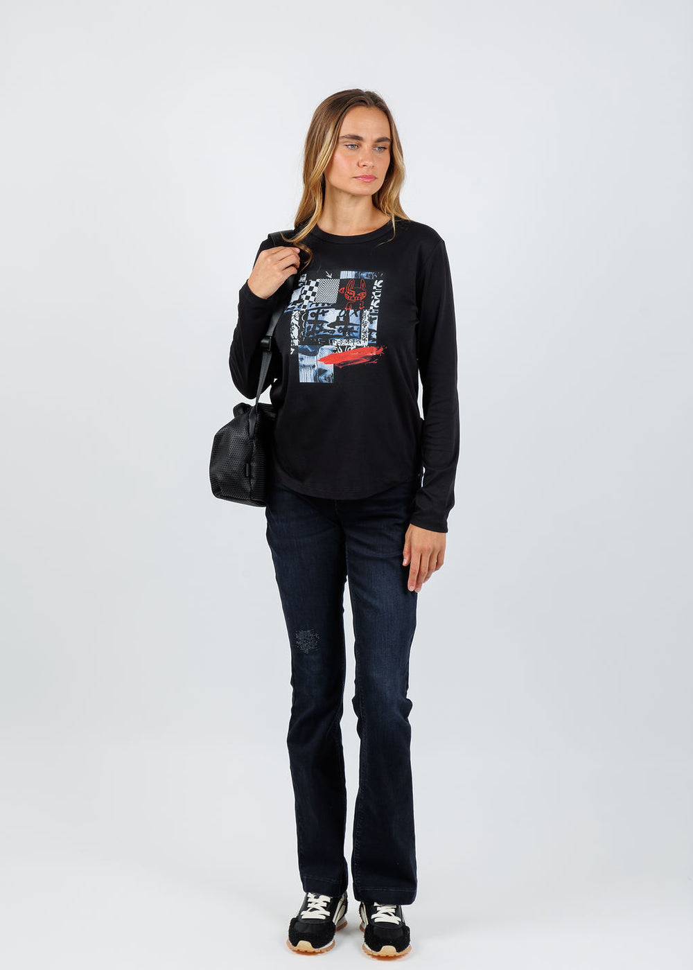 Suzi Roher Catherine Black Long Sleeve Crew Tee in Red Bunny available at Barbara Katz