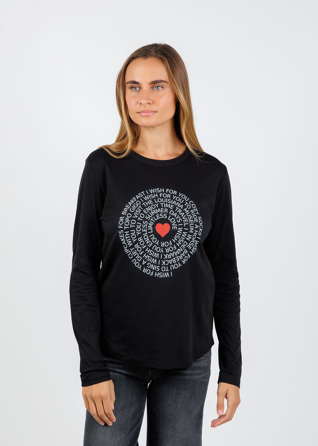 Suzi Roher Catherine Black Long Sleeve Crew Tee - Wish For You available at Barbara Katz