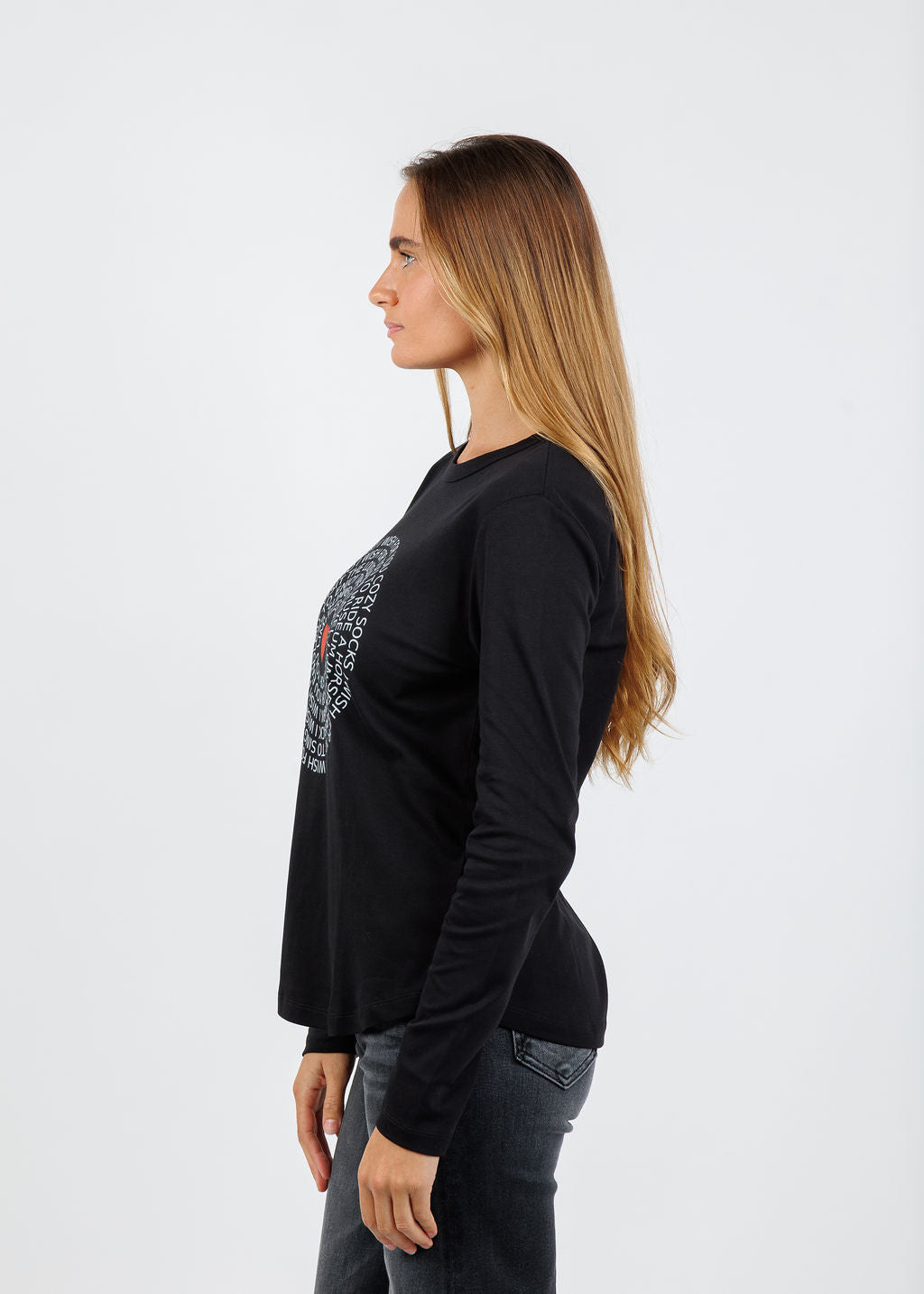 Suzi Roher Catherine Black Long Sleeve Crew Tee - Wish For You available at Barbara Katz