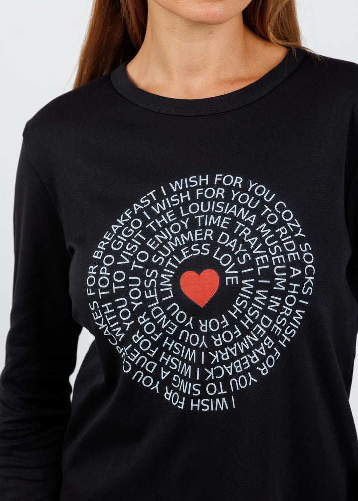 Suzi Roher Catherine Black Long Sleeve Crew Tee - Wish For You available at Barbara Katz
