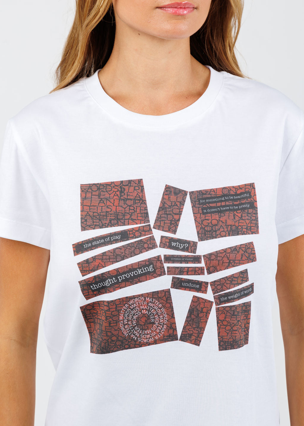 Suzi Roher Niki White Short Sleeve Crew Tee in Words Matter available at Barbara Katz