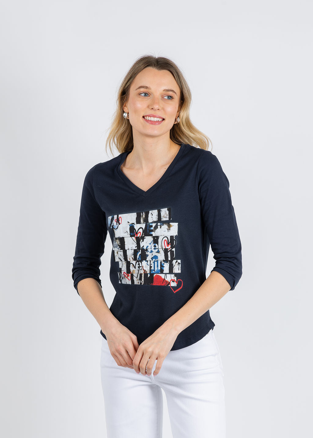 Suzi Roher Val 3/4 Sleeve V-Neck Tee in In The Details Navy available at Barbara Katz