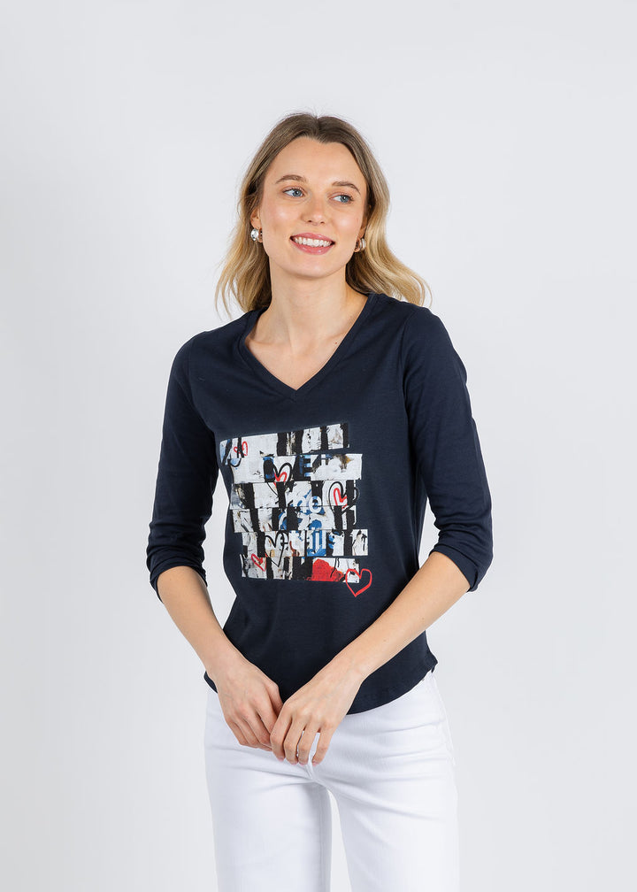 Suzi Roher Val 3/4 Sleeve V-Neck Tee in In The Details Navy available at Barbara Katz