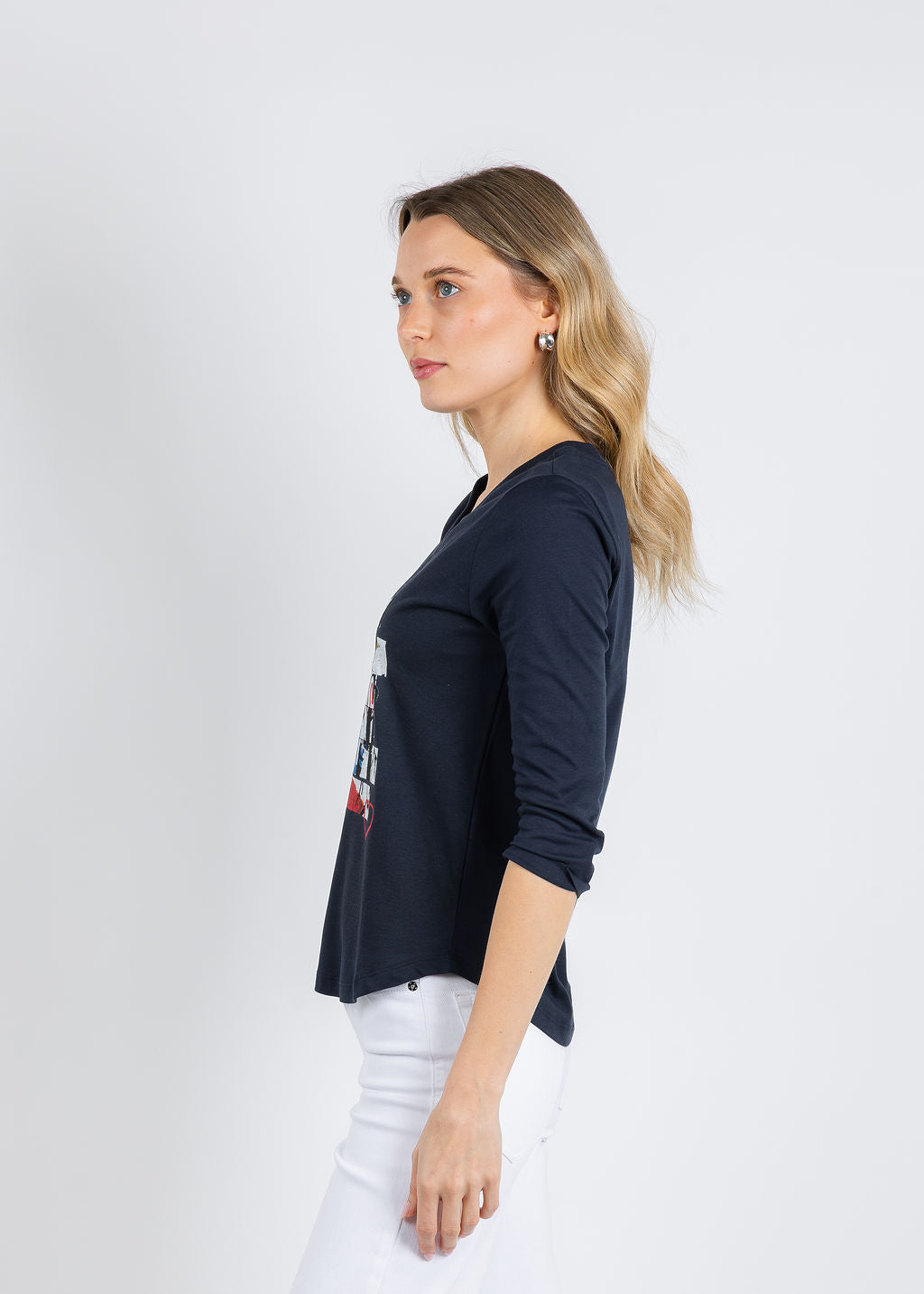Suzi Roher Val 3/4 Sleeve V-Neck Tee in In The Details Navy available at Barbara Katz