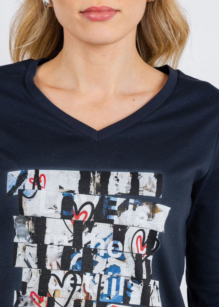 Suzi Roher Val 3/4 Sleeve V-Neck Tee in In The Details Navy available at Barbara Katz