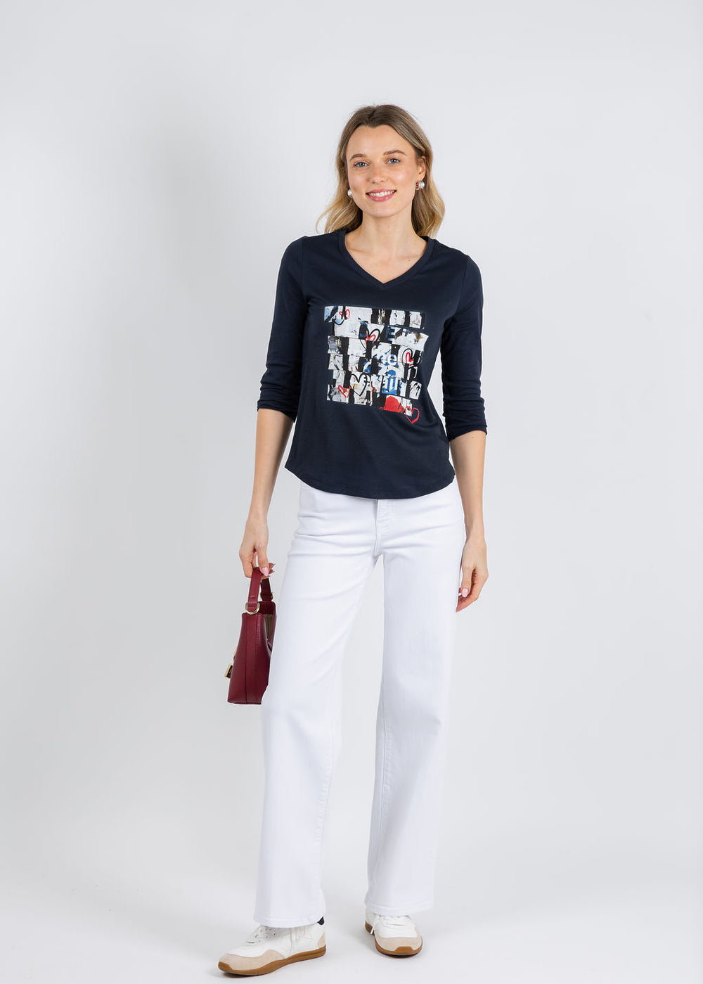 Suzi Roher Val 3/4 Sleeve V-Neck Tee in In The Details Navy available at Barbara Katz
