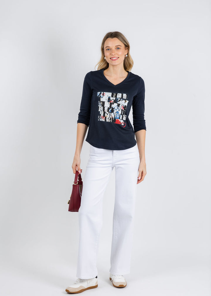 Suzi Roher Val 3/4 Sleeve V-Neck Tee in In The Details Navy available at Barbara Katz