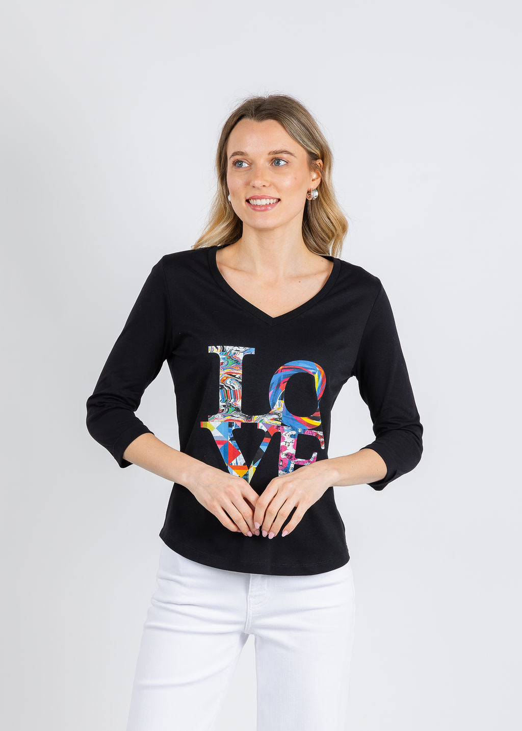 Suzi Roher Val 3/4 Sleeve V-Neck Tee in My Love Black available at Barbara Katz