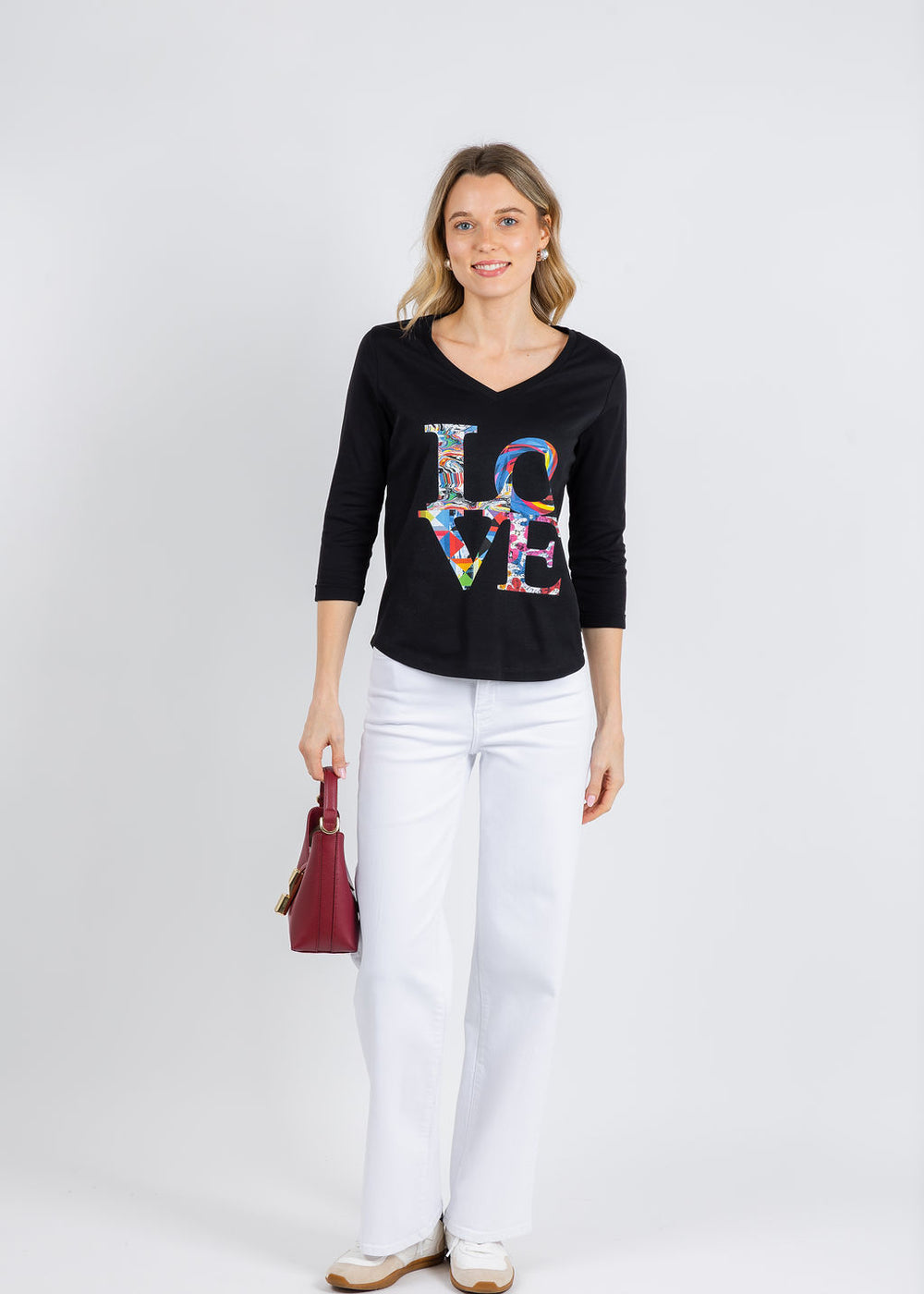 Suzi Roher Val 3/4 Sleeve V-Neck Tee in My Love Black available at Barbara Katz