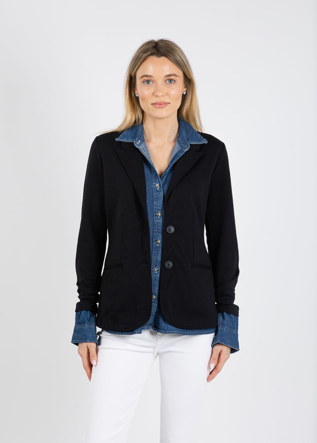 Suzy T Blazer Shirt Combo in Black/Denim available at Barbara Katz