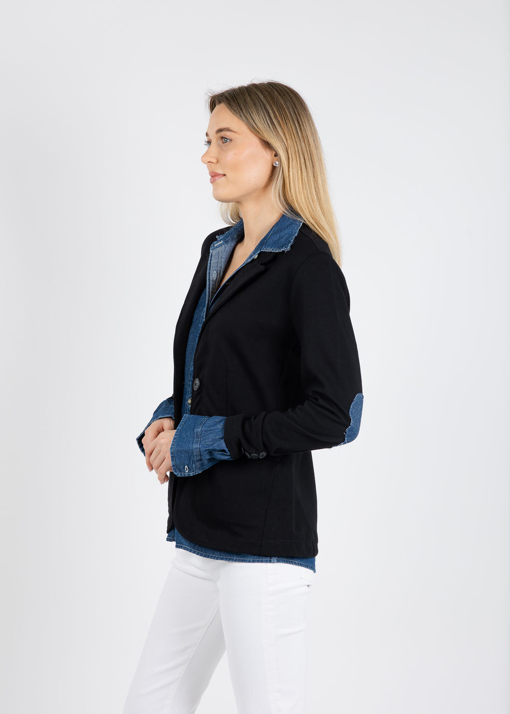 Suzy T Blazer Shirt Combo in Black/Denim available at Barbara Katz