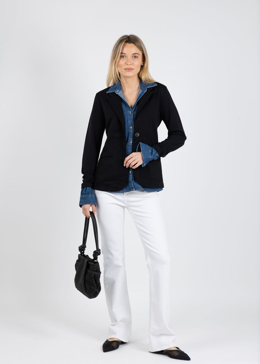Suzy T Blazer Shirt Combo in Black/Denim available at Barbara Katz