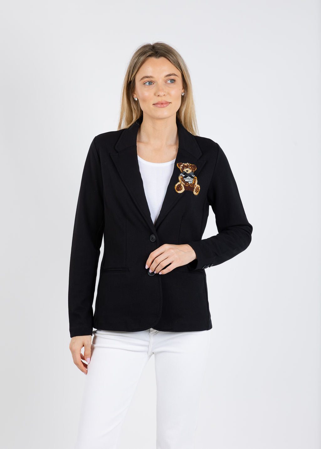 Suzy T Blazer With Bear Patch in Black available at Barbara Katz