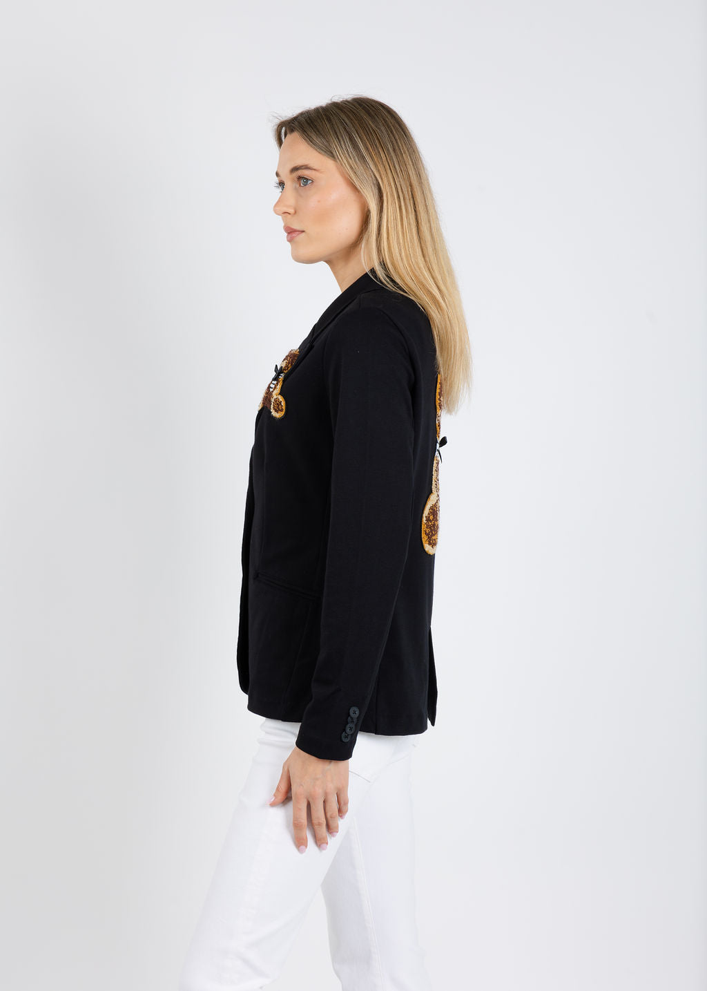 Suzy T Blazer With Bear Patch in Black available at Barbara Katz