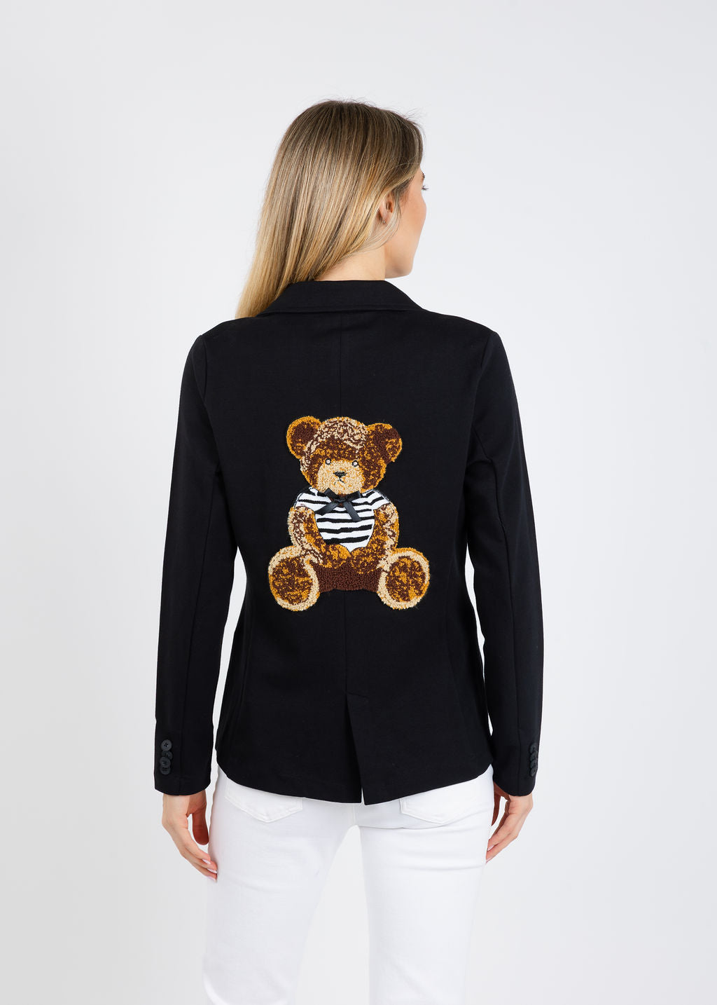 Suzy T Blazer With Bear Patch in Black available at Barbara Katz