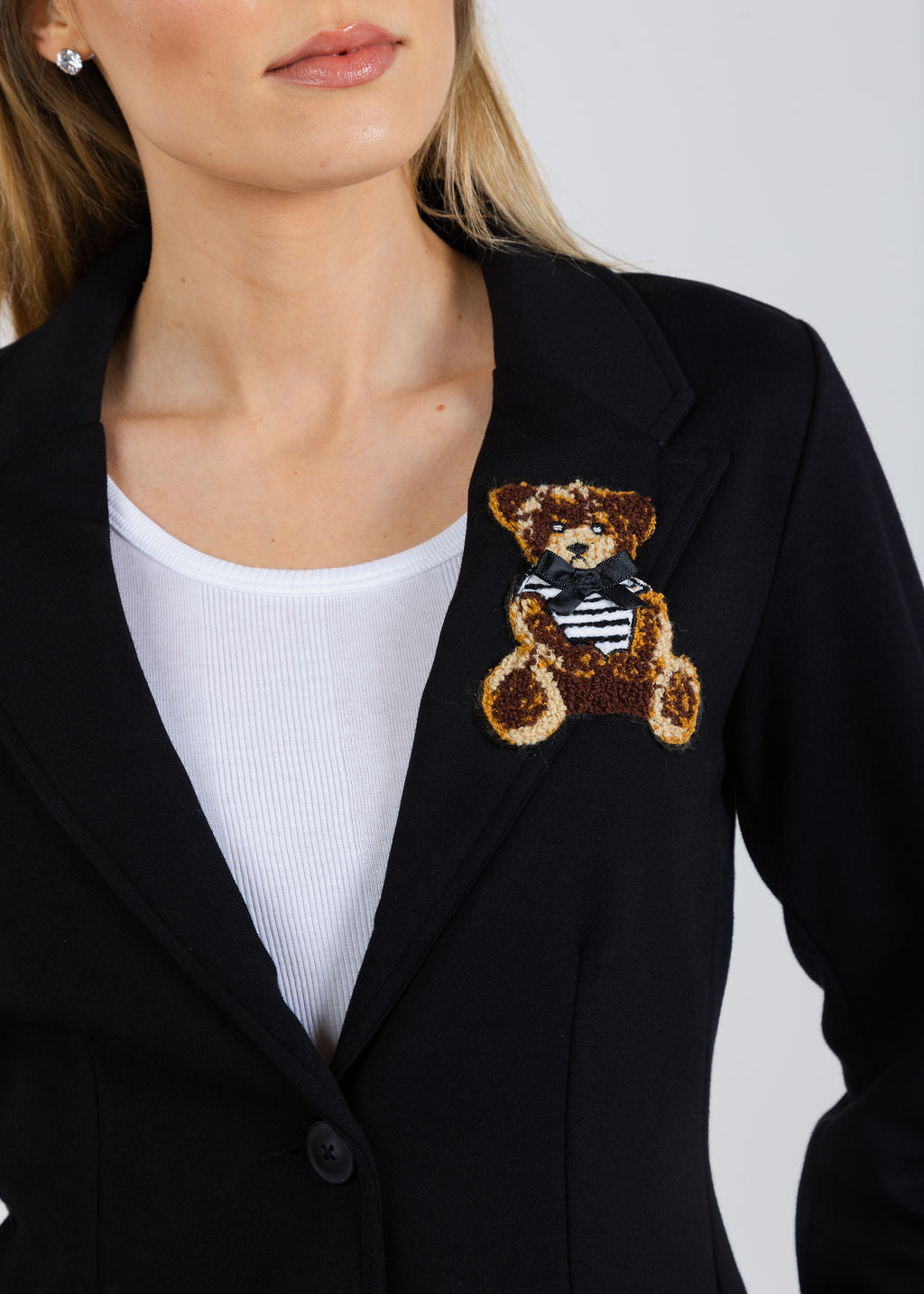 Suzy T Blazer With Bear Patch in Black available at Barbara Katz