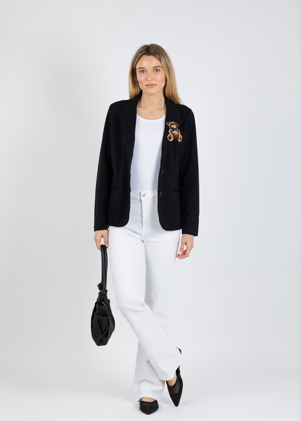 Suzy T Blazer With Bear Patch in Black available at Barbara Katz