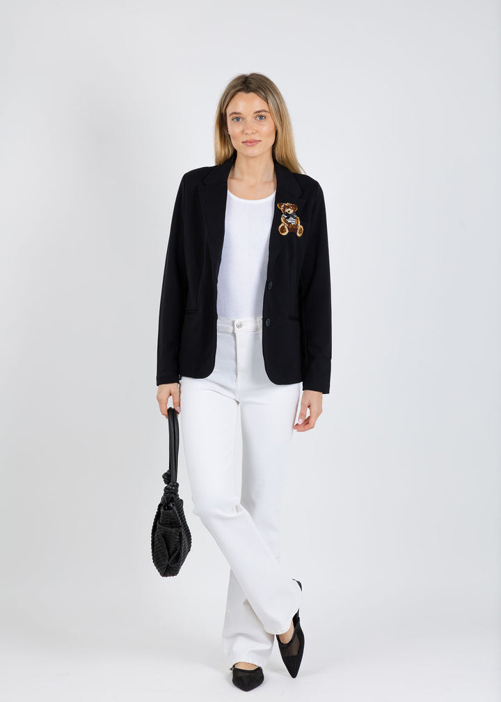 Suzy T Blazer With Bear Patch in Black available at Barbara Katz