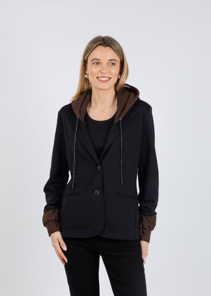 Suzy T Blazer With Brown Hoodie & Cuffs in Black/Brown available at Barbara Katz