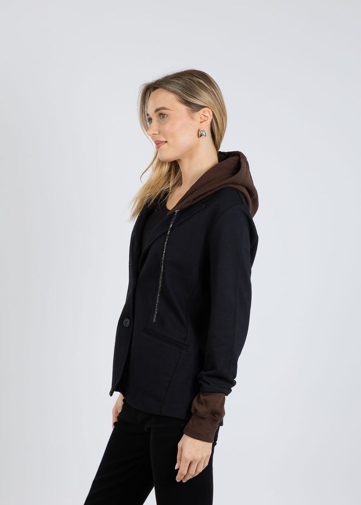 Suzy T Blazer With Brown Hoodie & Cuffs in Black/Brown available at Barbara Katz