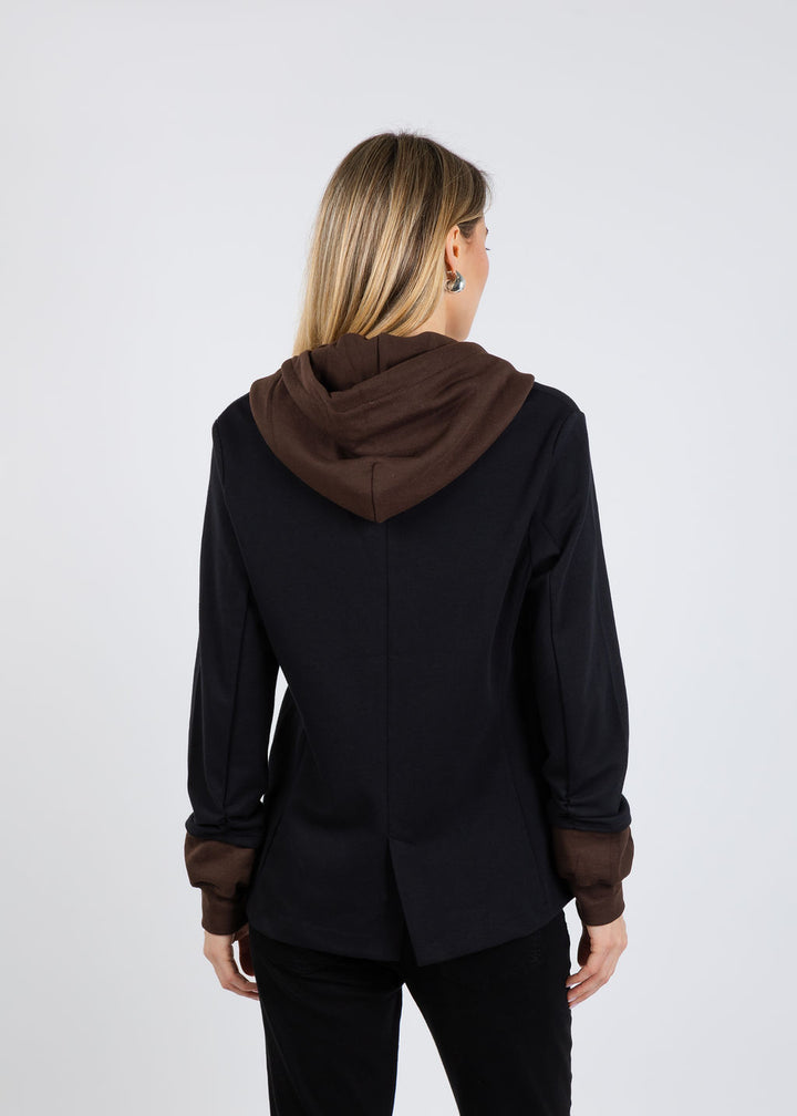Suzy T Blazer With Brown Hoodie & Cuffs in Black/Brown available at Barbara Katz