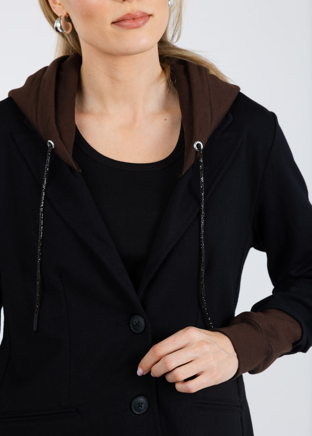 Suzy T Blazer With Brown Hoodie & Cuffs in Black/Brown available at Barbara Katz