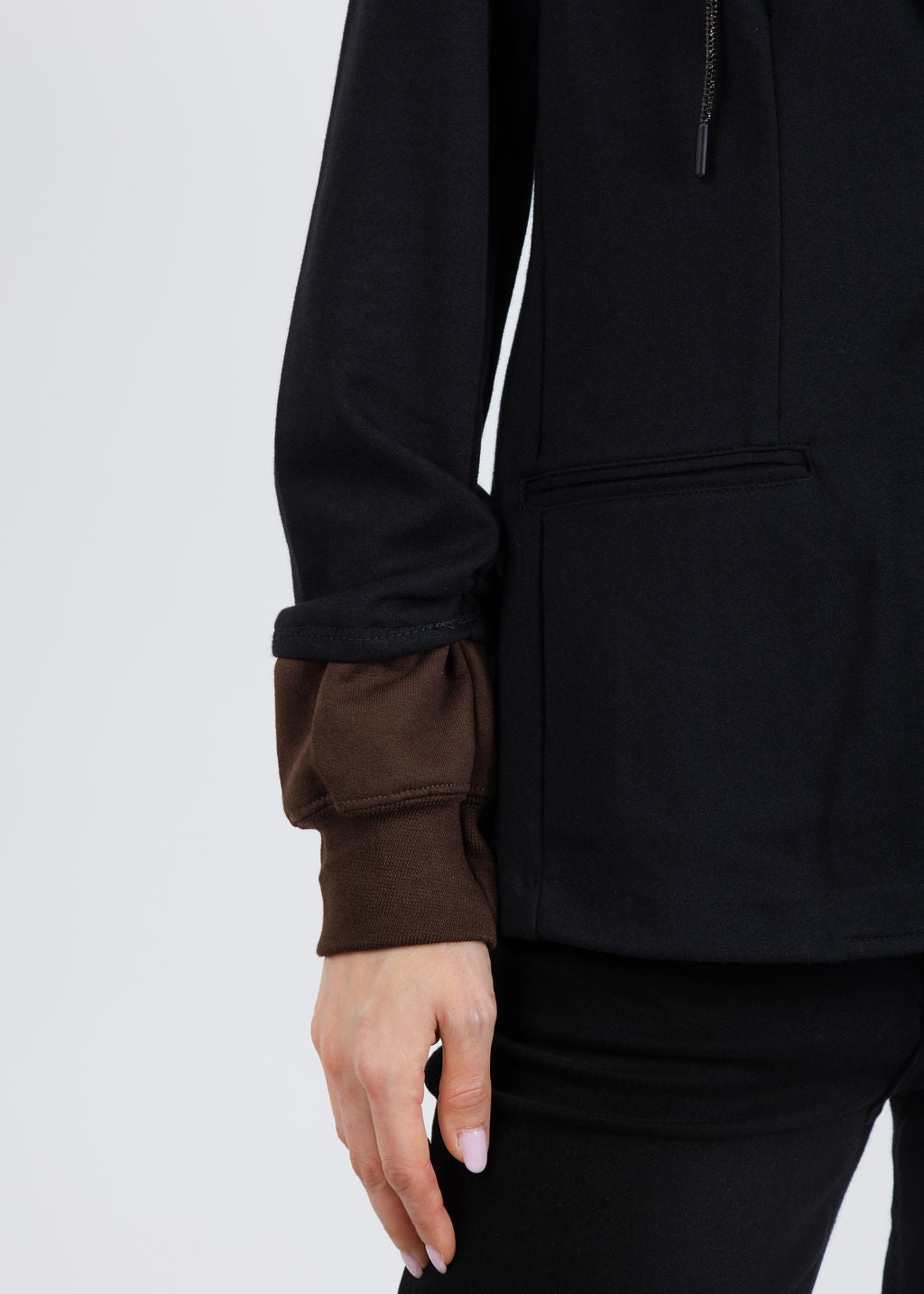 Suzy T Blazer With Brown Hoodie & Cuffs in Black/Brown available at Barbara Katz