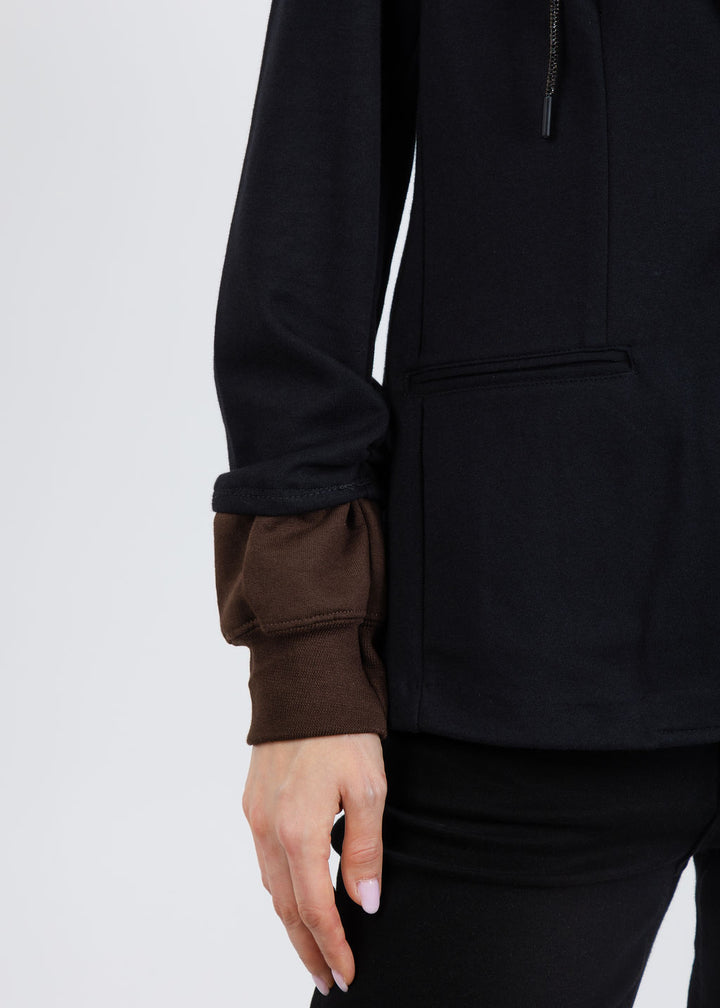 Suzy T Blazer With Brown Hoodie & Cuffs in Black/Brown available at Barbara Katz