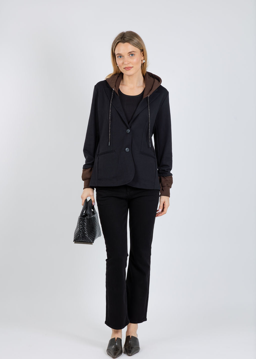 Suzy T Blazer With Brown Hoodie & Cuffs in Black/Brown available at Barbara Katz
