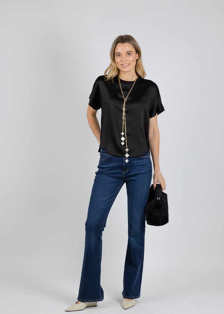 Suzy T Clover Lariat Necklace in Gold available at Barbara Katz