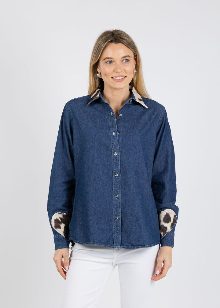 Suzy T Cowhide Heart Denim Shirt available at Barbara Katz