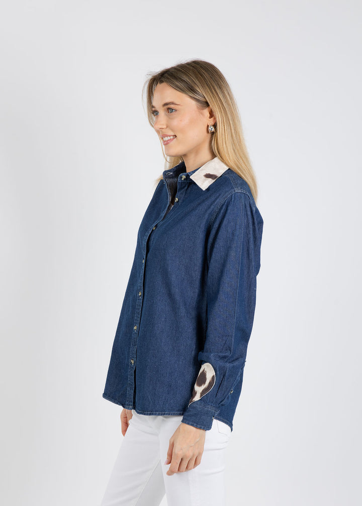 Suzy T Cowhide Heart Denim Shirt available at Barbara Katz