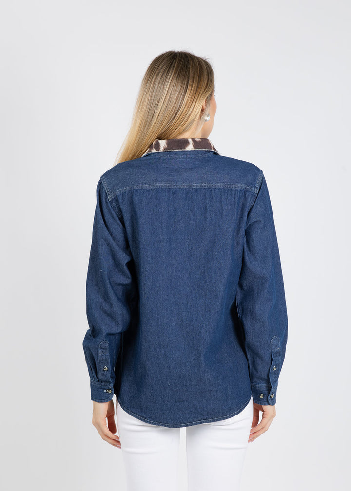 Suzy T Cowhide Heart Denim Shirt available at Barbara Katz