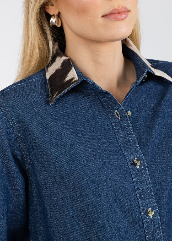 Suzy T Cowhide Heart Denim Shirt available at Barbara Katz