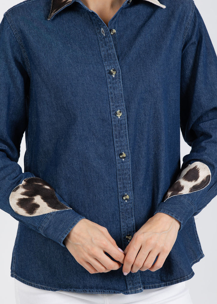 Suzy T Cowhide Heart Denim Shirt available at Barbara Katz