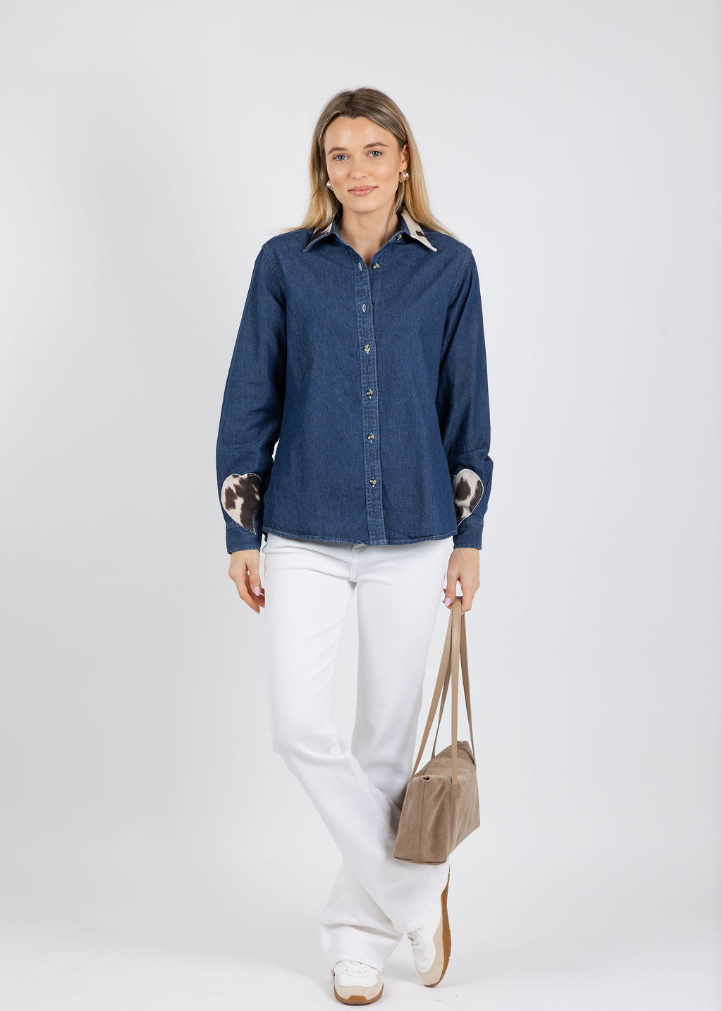 Suzy T Cowhide Heart Denim Shirt available at Barbara Katz