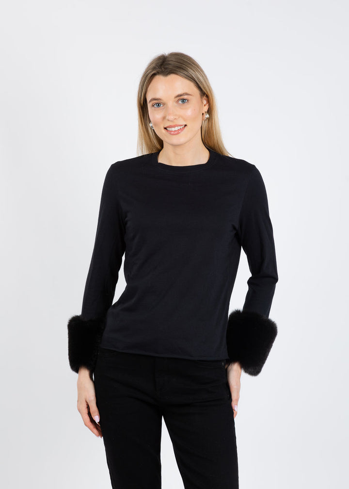 Suzy T Crew Neck Long Sleeve Sweater With Fur in Black/Black available at Barbara Katz