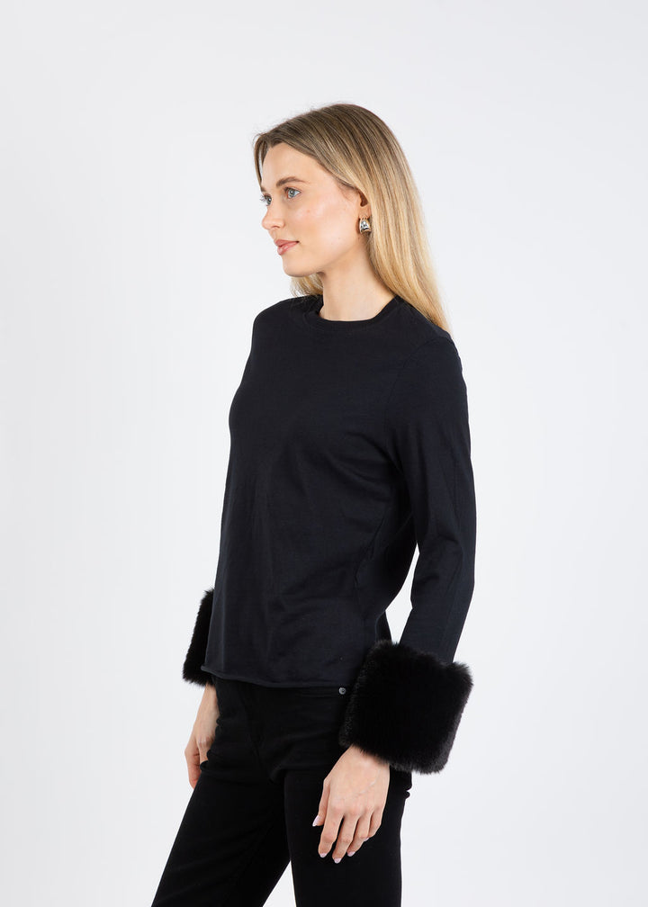 Suzy T Crew Neck Long Sleeve Sweater With Fur in Black/Black available at Barbara Katz