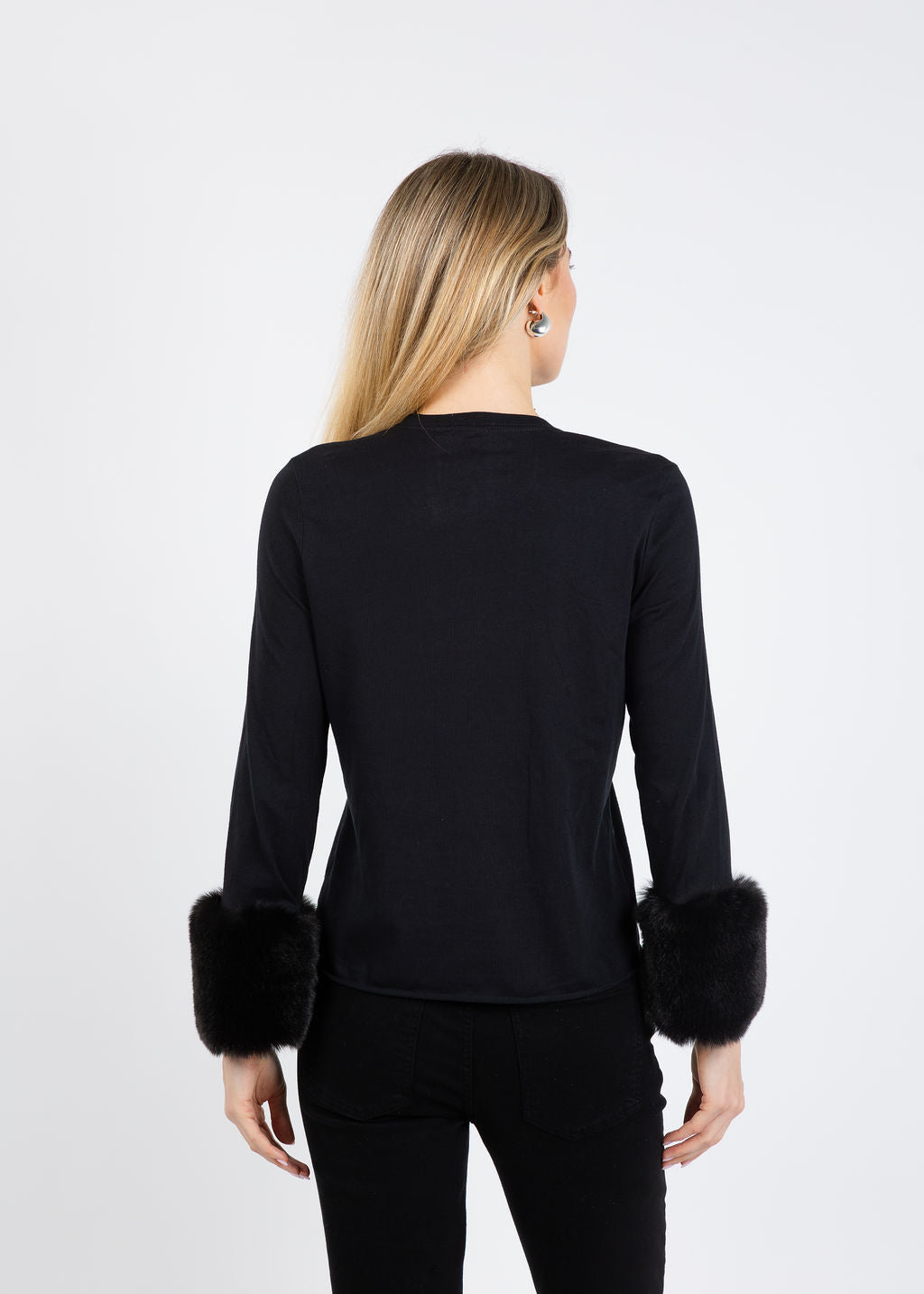 Suzy T Crew Neck Long Sleeve Sweater With Fur in Black/Black available at Barbara Katz
