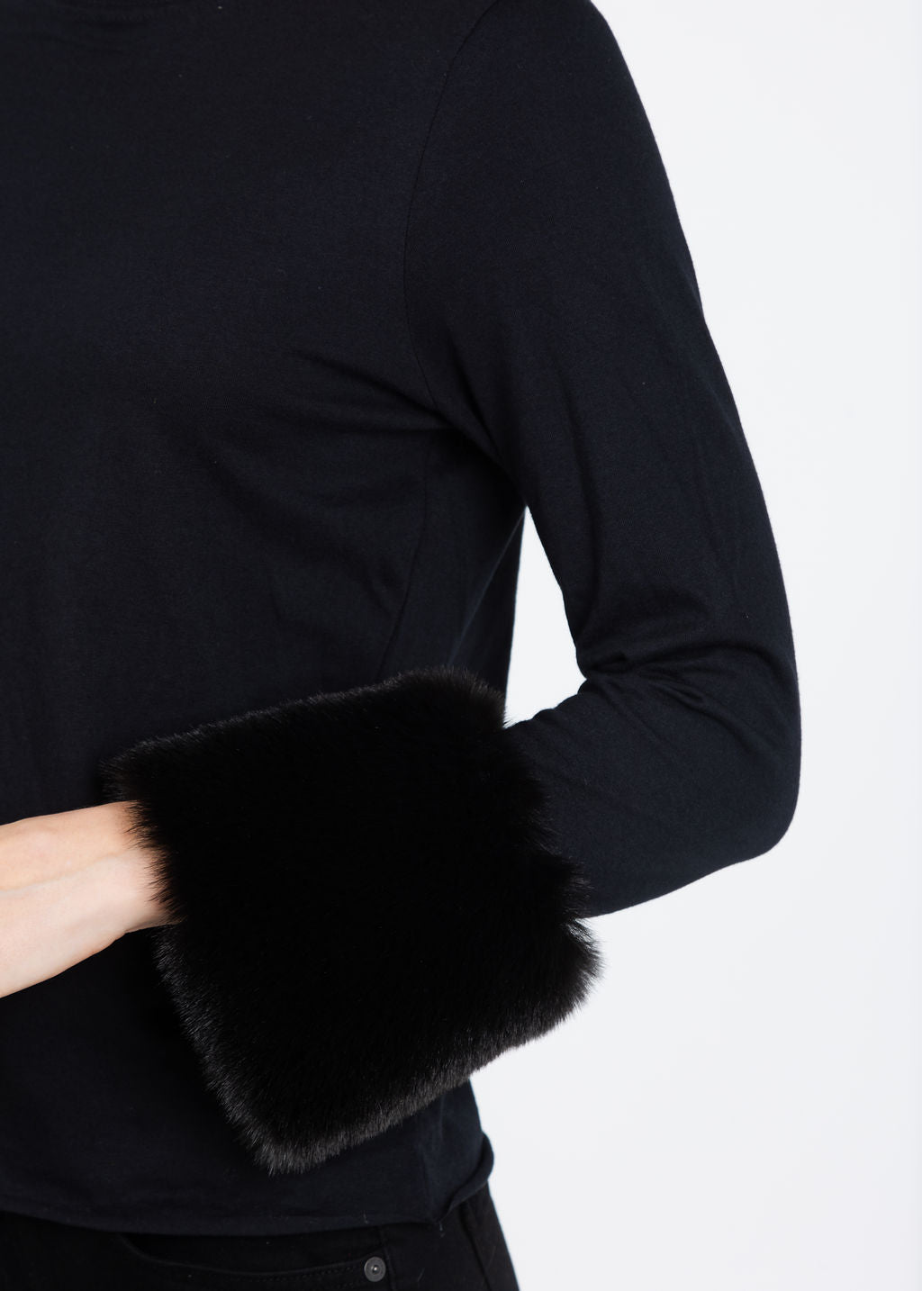 Suzy T Crew Neck Long Sleeve Sweater With Fur in Black/Black available at Barbara Katz