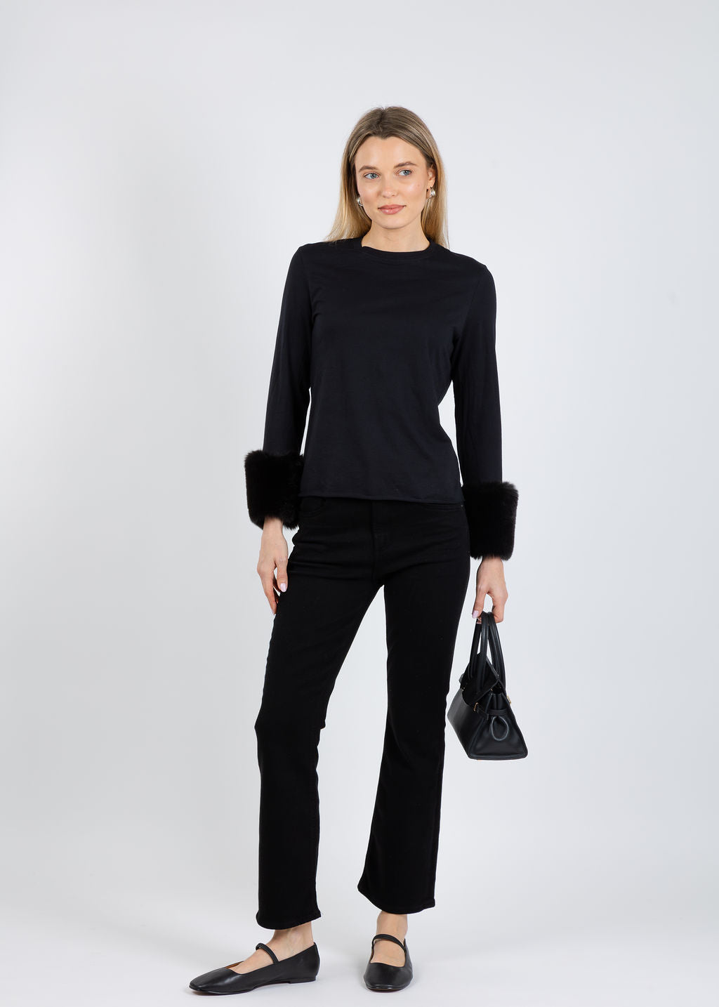Suzy T Crew Neck Long Sleeve Sweater With Fur in Black/Black available at Barbara Katz