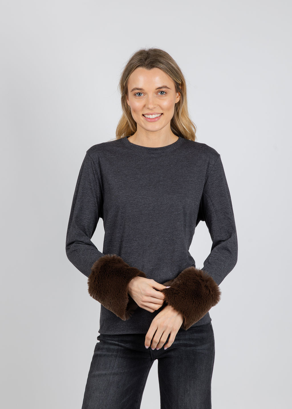 Suzy T Crew Neck Long Sleeve Sweater With Fur in Grey/Brown available at Barbara Katz