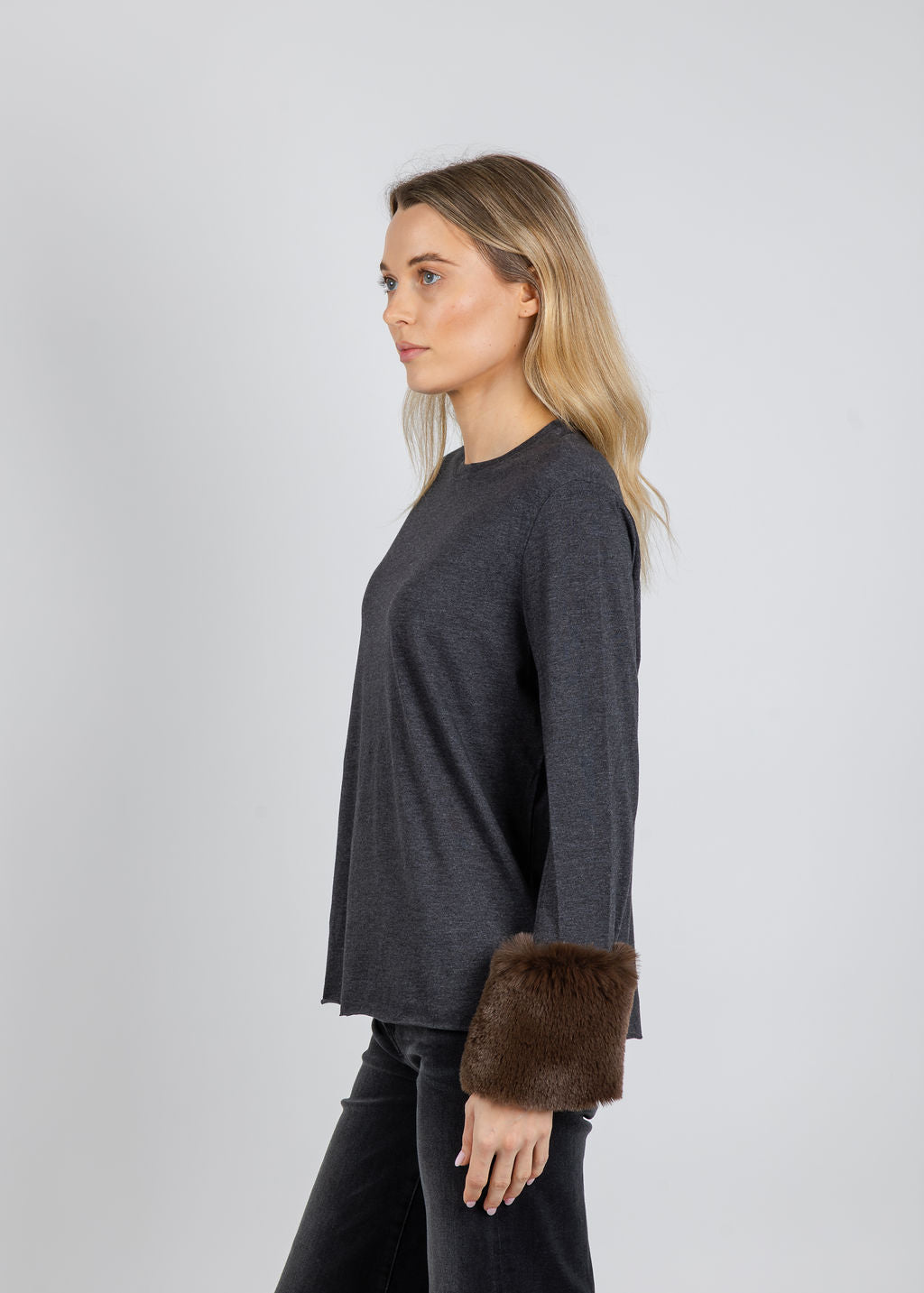 Suzy T Crew Neck Long Sleeve Sweater With Fur in Grey/Brown available at Barbara Katz