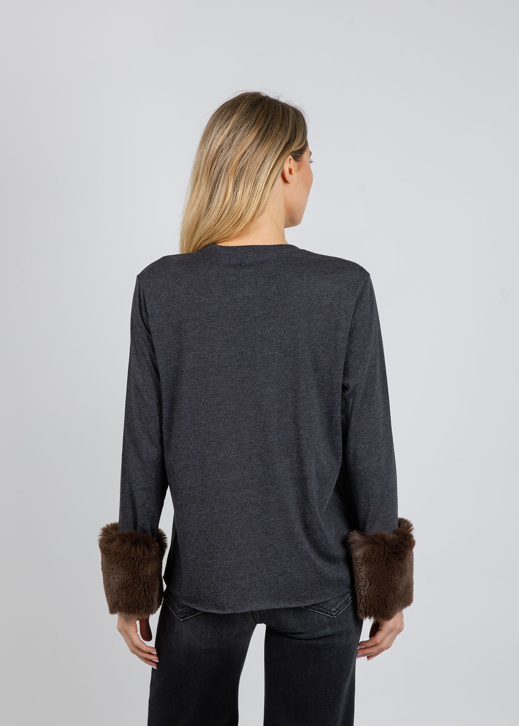 Suzy T Crew Neck Long Sleeve Sweater With Fur in Grey/Brown available at Barbara Katz