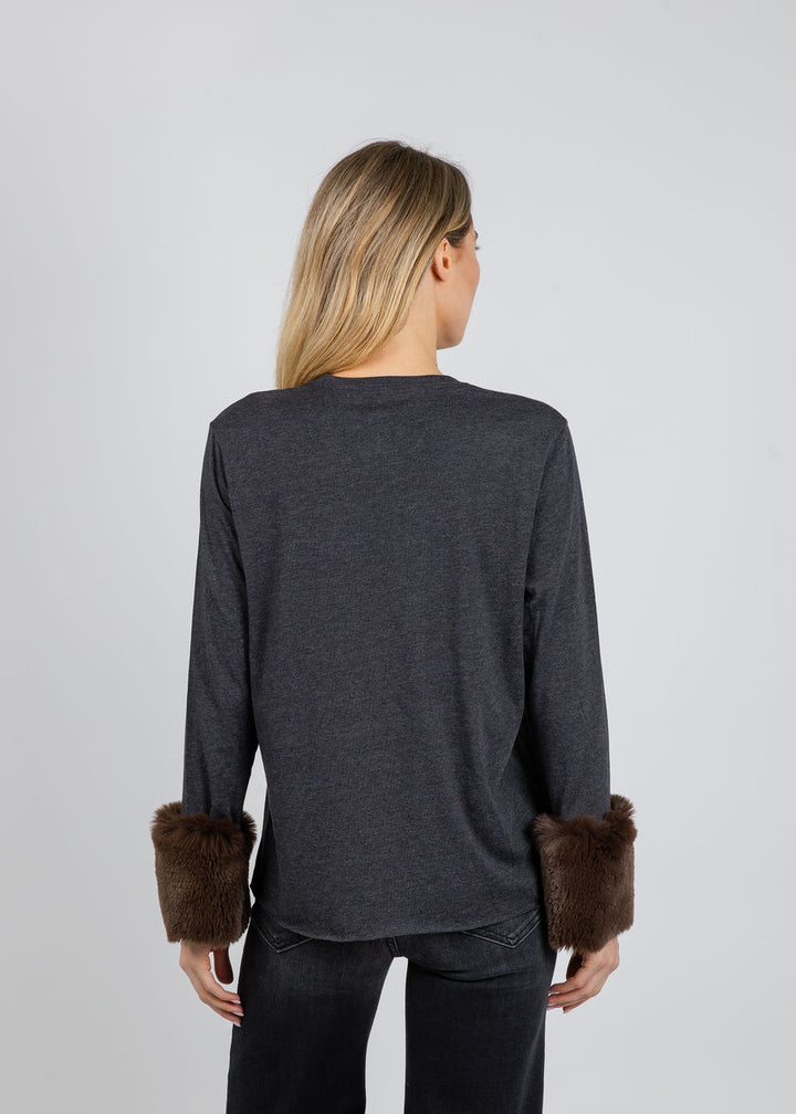 Suzy T Crew Neck Long Sleeve Sweater With Fur in Grey/Brown available at Barbara Katz