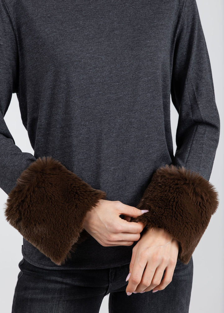 Suzy T Crew Neck Long Sleeve Sweater With Fur in Grey/Brown available at Barbara Katz