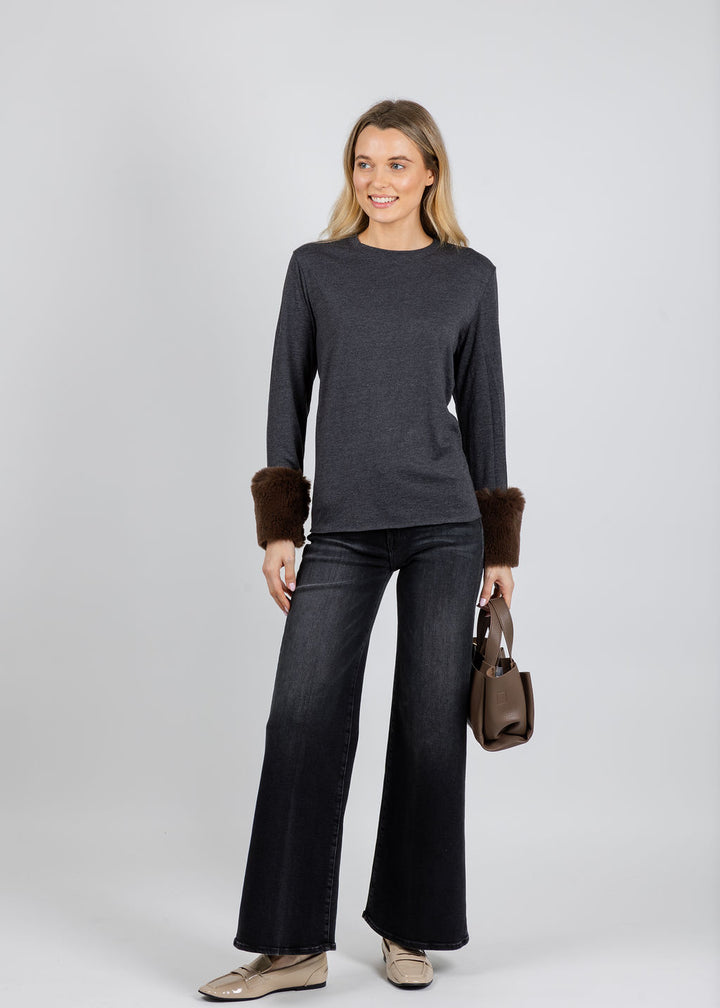 Suzy T Crew Neck Long Sleeve Sweater With Fur in Grey/Brown available at Barbara Katz